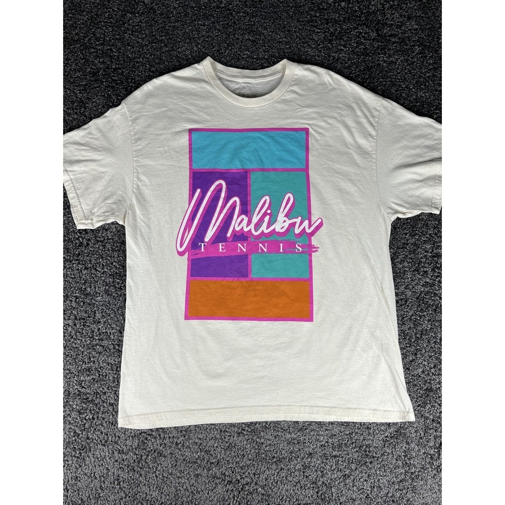 Malibu Tennis Retro Colorful Print T Shirt Mens Size XL White 100% Cotton